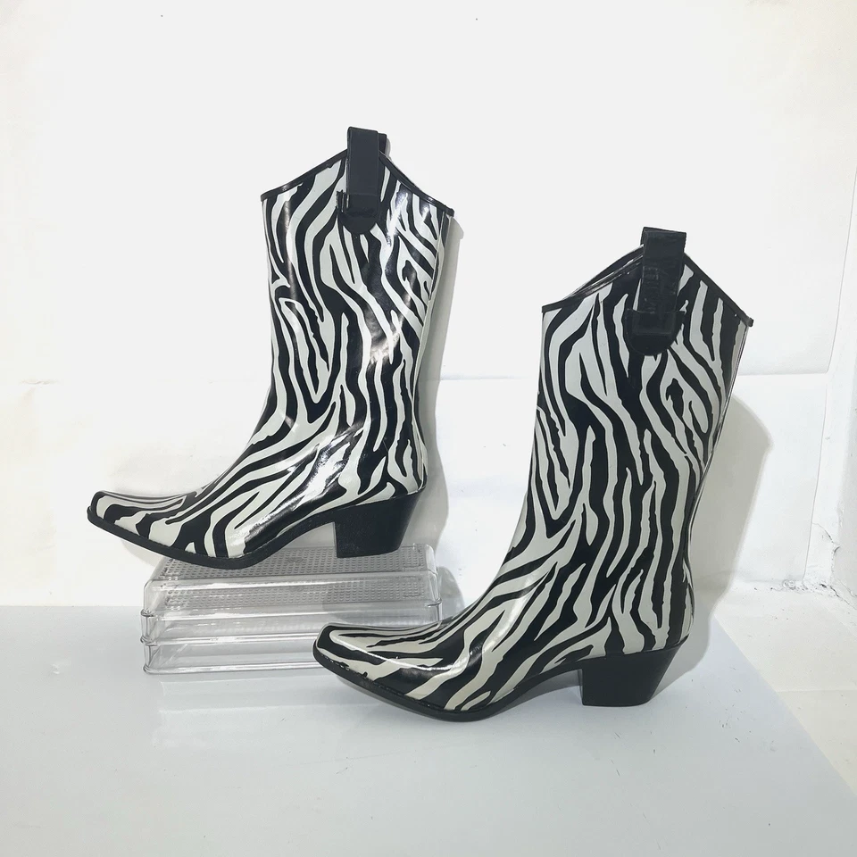 Women's 9M Zebra Print Rain Boots Y2K Vintage Heeled Western Cowboy - Image 4 of 4