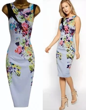 KAREN MILLEN ❤ STUNNING PALE BLUE FLORAL COCKTAIL PENCIL WIGGLE DRESS ❤ UK 12