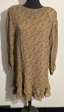 Dana Buchman 100% Silk Dress Womens 12 Brown Leopard Print Sheer Tiered Ruffle
