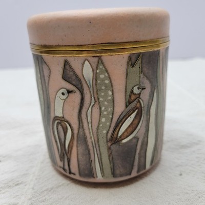 Käthe Ruckenbrod Enamel Lidded Jar Cloisonné Crane Birds MCM Bauhaus Signed RARE