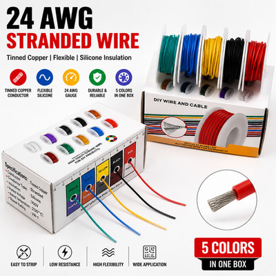 24 AWG Flexibles Silikonkabel-Kit verzinntes Kupferlitzenkabel 5 Farben Box UK