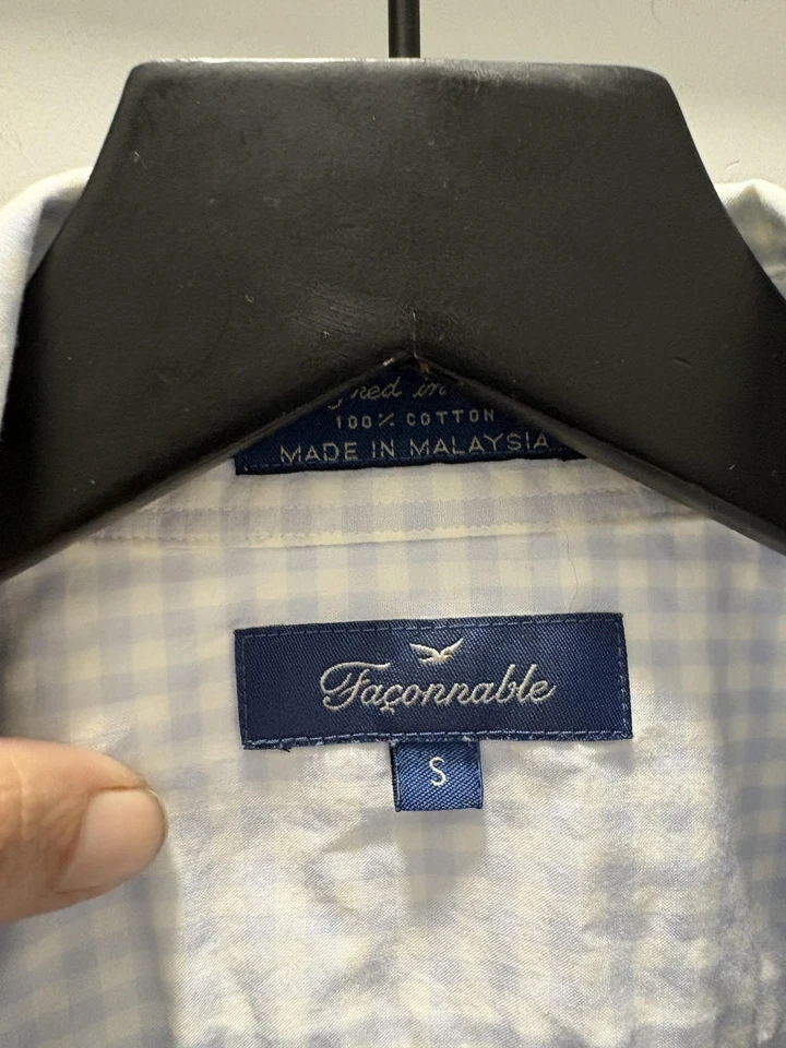 Camisa Faconnable Para Hombre Pequeña Azul Claro Blanco Cuadros Guinga Botón Delantero Algodón Foto 4 de 4
