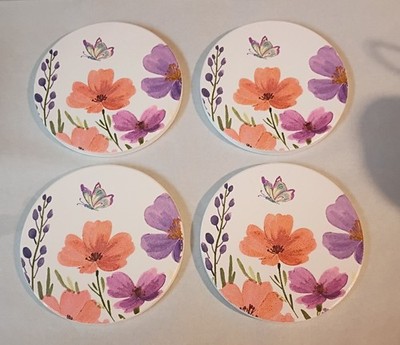 Round Ceramic Cork-Backed Coaster Set of 4 Floral Butterfly Slip-Proof