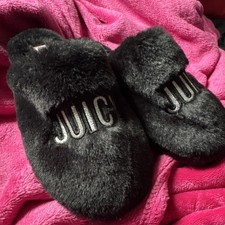 Juicy Couture Faux Fur Slip-On Black Women's Slippers E Width Size 9-10 Logo