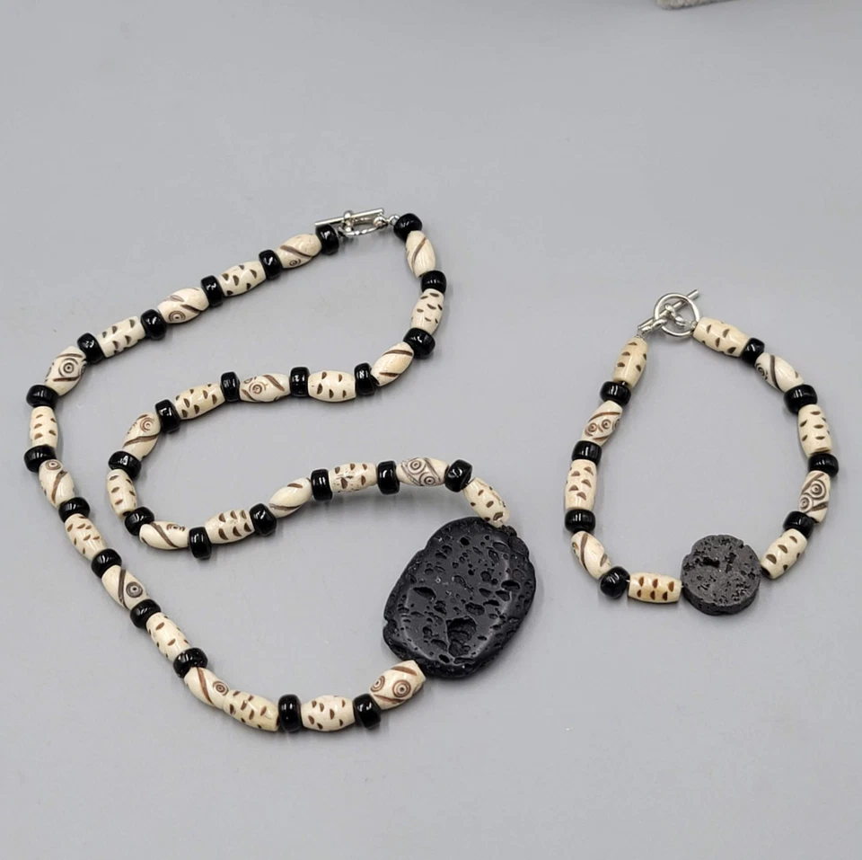 Conjunto de joyas de hueso de vaca talladas a mano con cuentas de lava negra collar pulsera Foto 3 de 4