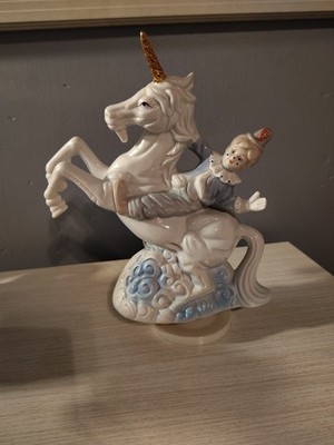 Vintage 1980 Musical Porcelain Clown Riding Unicorn Pastel Color