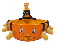 New Transpac Spider Pumpkin Halloween Ceramic Candy Bowl - RARE