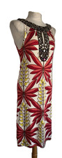 TORY BURCH DRESS PINK-RED-YELLOW-BROWN LEAF SILK JERSEY CRYSTAL TRIM SIZE M