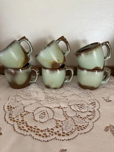 Vintage Frankoma Pottery 5C Prairie Green Plainsman Coffee Mug Set of 6 Cups