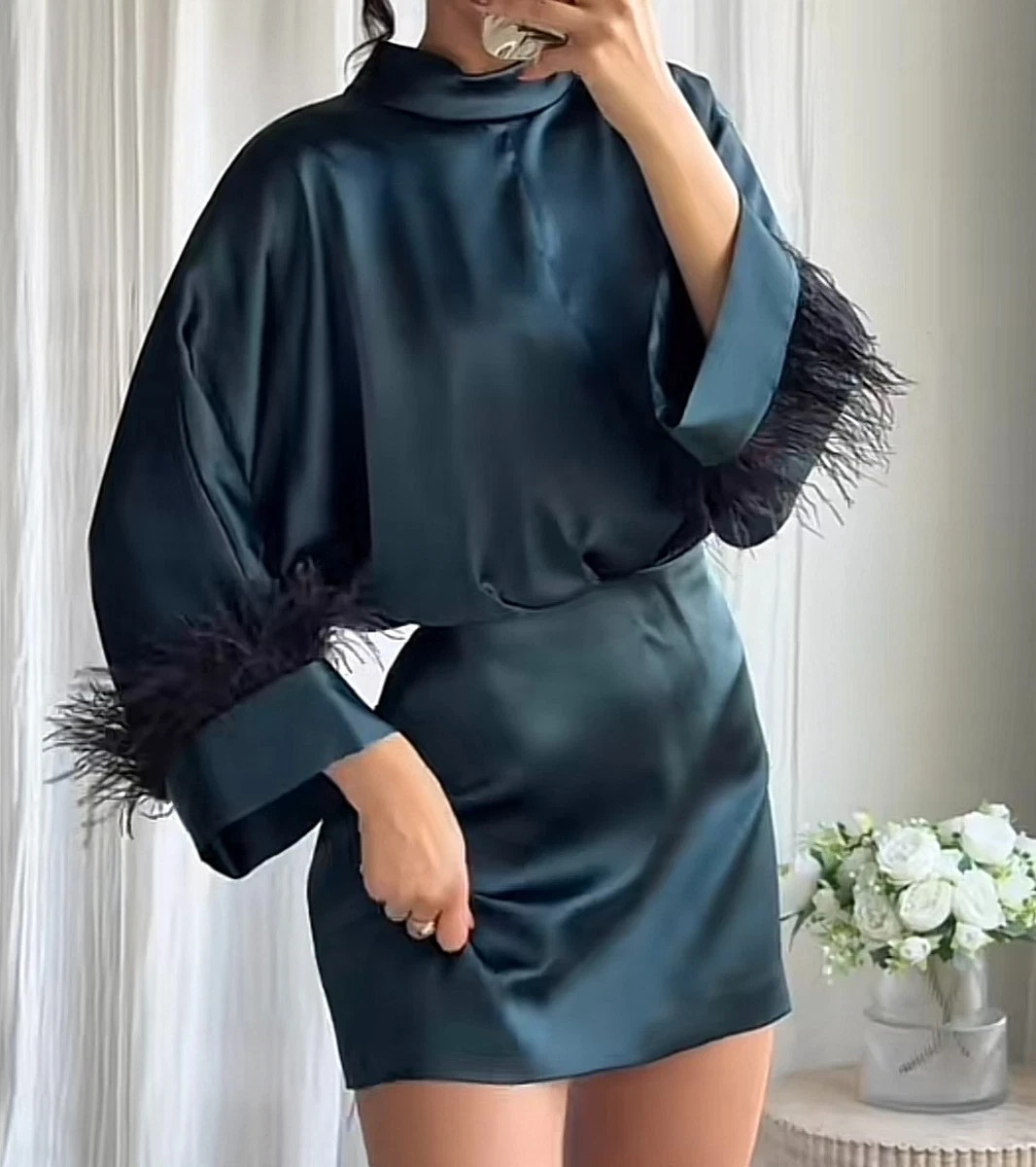 NWT ZARA Feather Satin Effect Short Dress Dark Green 8893/399 Size XL | eBay