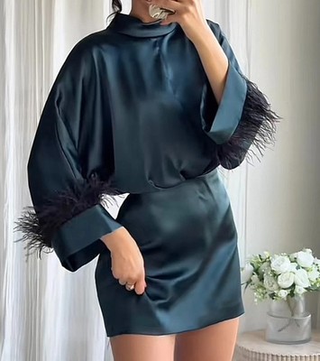 Zara - Feather Satin Effect Short Dress - Women - Dark Green - Women Zara - Feather Satin Effect Short Dress - Women - Dark Green - Women