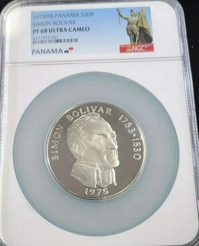 1975 PANAMA SILVER 20 BALBOAS SIMON BOLIVAR NGC PF 68 ULTRA CAMEO HIGH GRADE