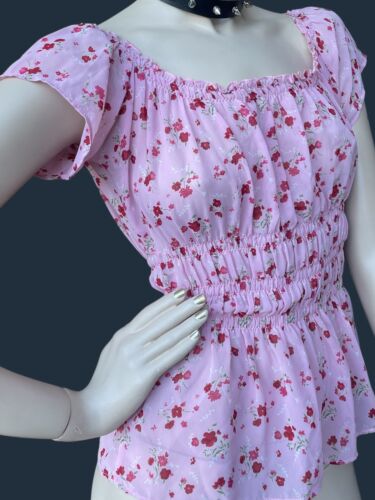 Vintage Blouse 90s Cherry Blossom Sheer Off Shoulder Top Shirred Cottagecore S - Picture 2 of 6
