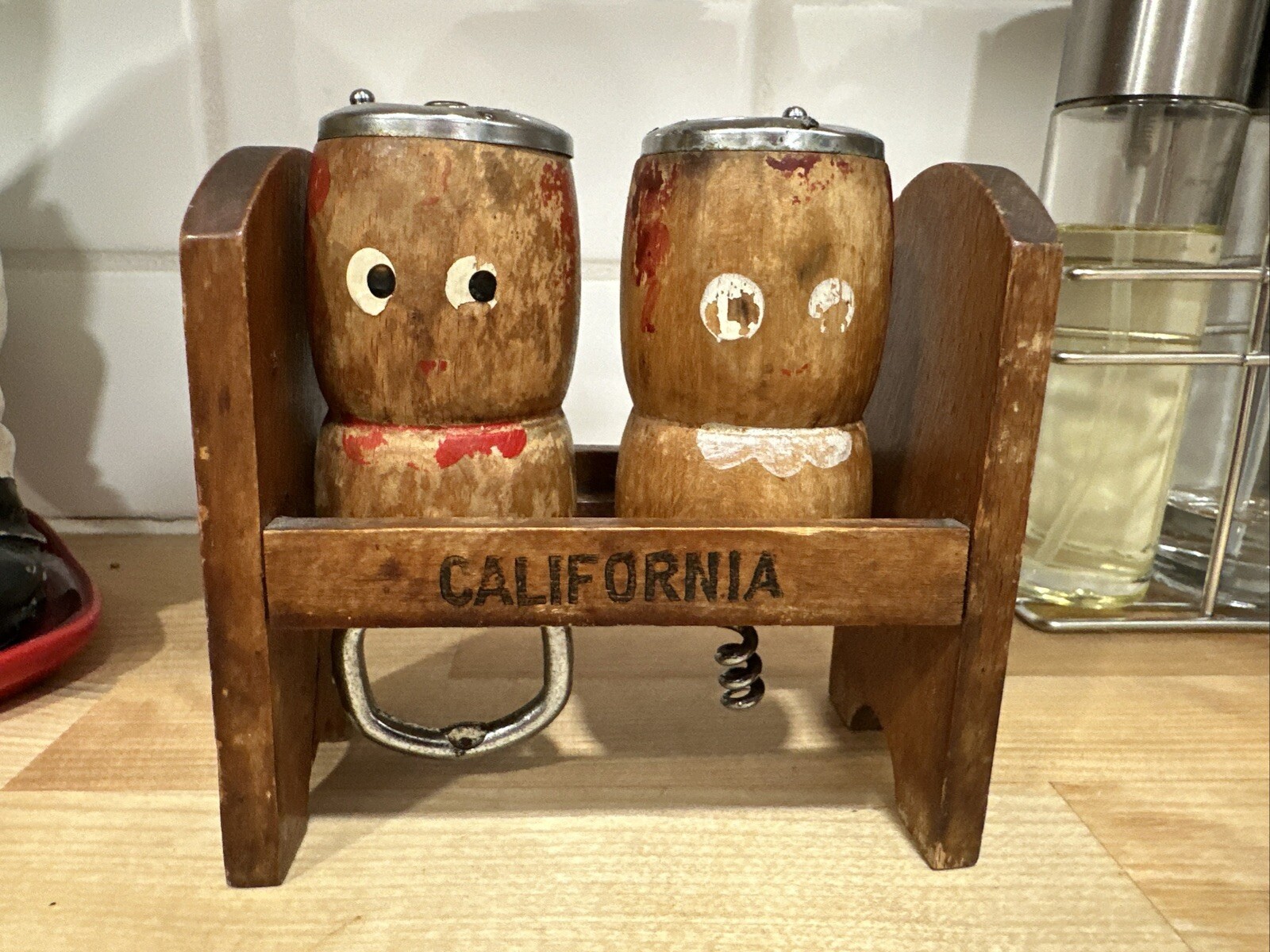 VTG Wood Salt & Pepper Shakers Folk Art Hand Painted Cork Screw Bottle Opener
