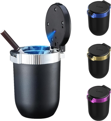 Car Ashtray with Lid Portable Ash Tray Mini Car Trash Can with LED Blue Light Wi