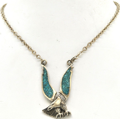 Turquoise Inlay Eagle VINTAGE NATIVE STERLING SILVER TURQUOISE CHIP INLAY EAGLE FLIGHT CHAIN ...