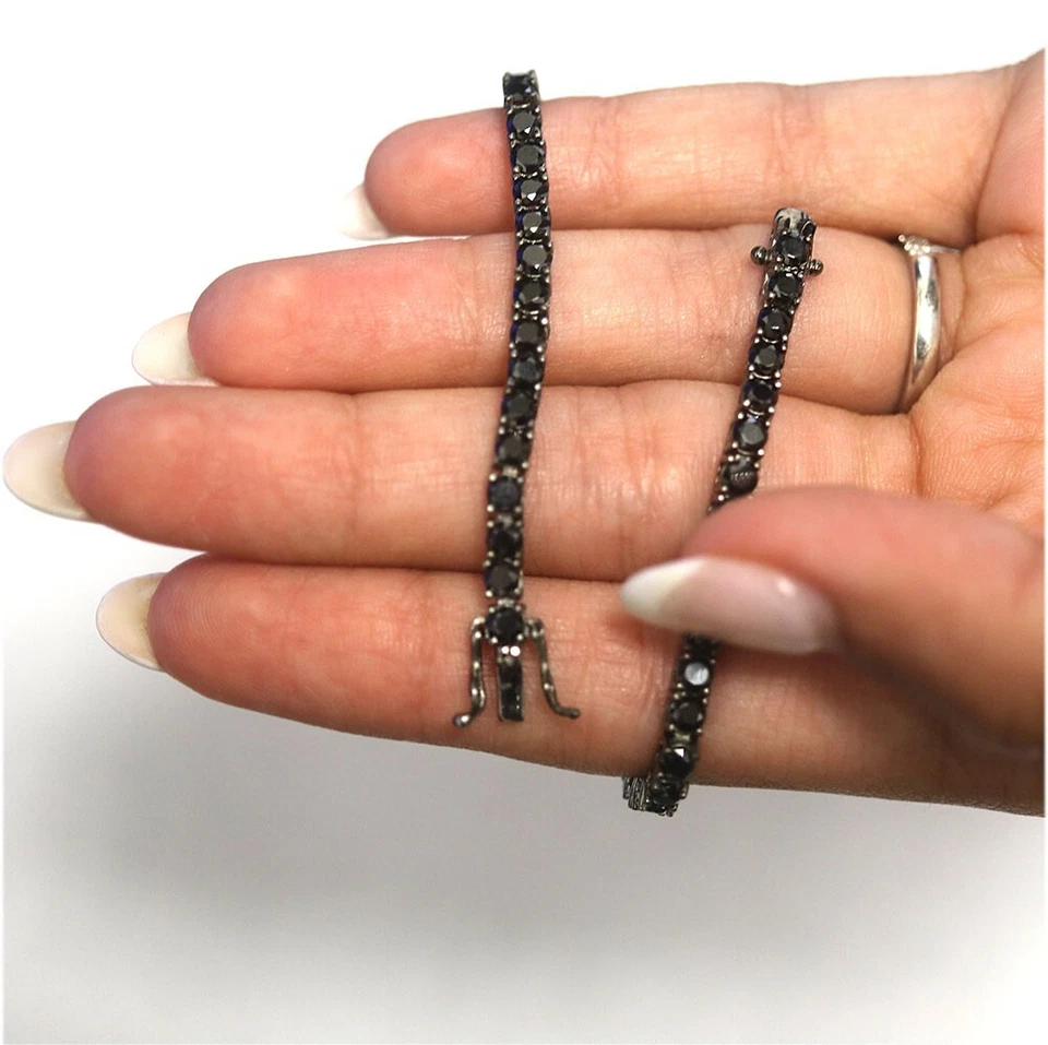 Pulseira de corrente de tênis feminina sólida prata esterlina 925 corte redondo 4 mm preta CZ - Imagem 4 de 4