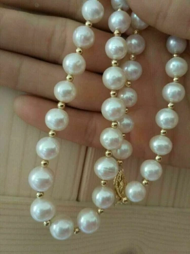 Natural 16-35 inch AAA 9-10mm akoya White Pearl Necklace 14k Clasp - Bild 2 von 3