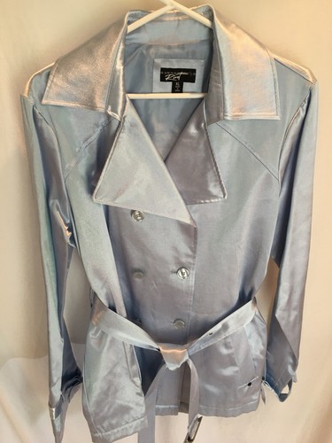 WOMENS NEW PALE BLUE SATIN Black Rivet Jacket Belted Trench Coat SIZE XL 42"