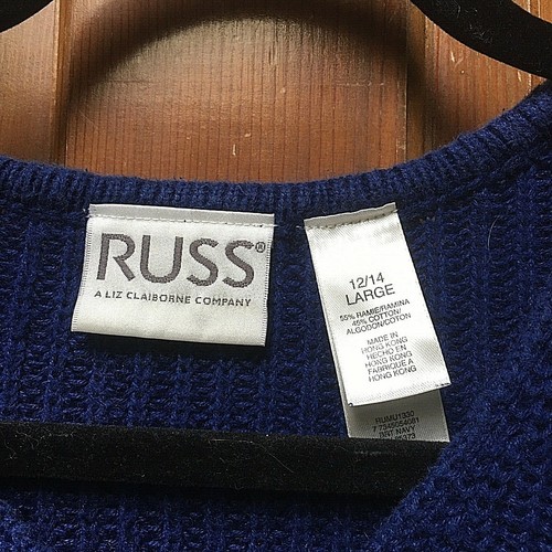 Vintage Women's Russ Size Large Cable Knit Sweater Blue White Stripes V-Neck - Picture 3 of 5