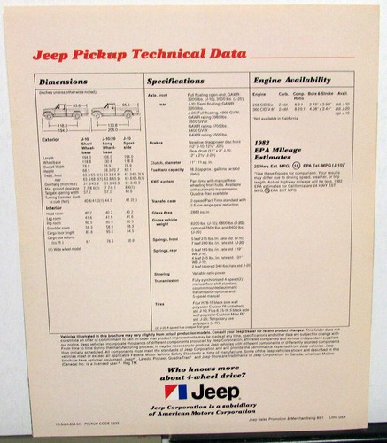 1982 Jeep Pickup J10 J20 Townside Honcho Laredo Pioneer AMC Sales Brochure - Picture 3 of 3