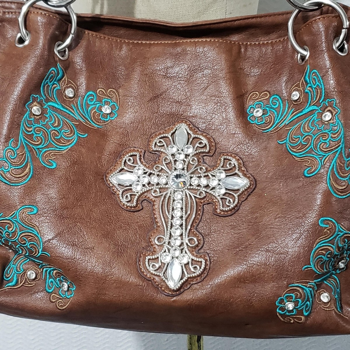 Brown Vegan Leather Backpack Rhinestone Cross Studded 
