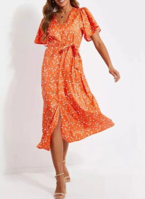 THREADBARE DAMEN ORANGE DRUCK SATIN MIDI KLEID NEU (Ref. R) VERKAUF