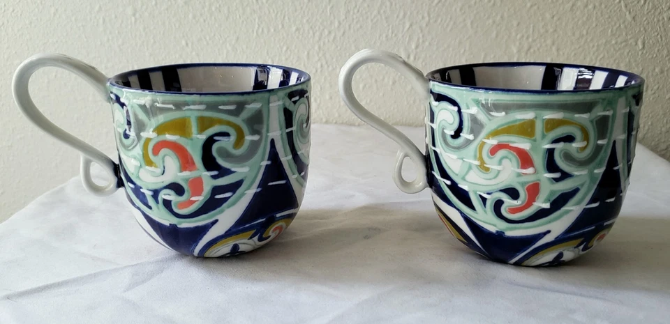 Set of 2 Anthropologie 10 oz Blue Kantha Stitched Boho Striped Mugs - Image 2 of 4