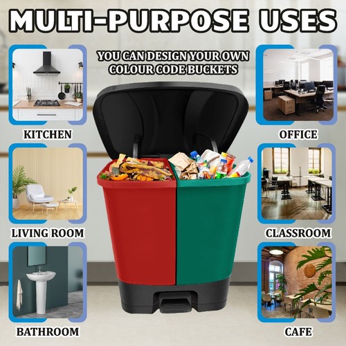 37L Double Compartment Foot Pedal Bin Garden Kitchen Waste Bin Red + Green - Picture 4 of 16