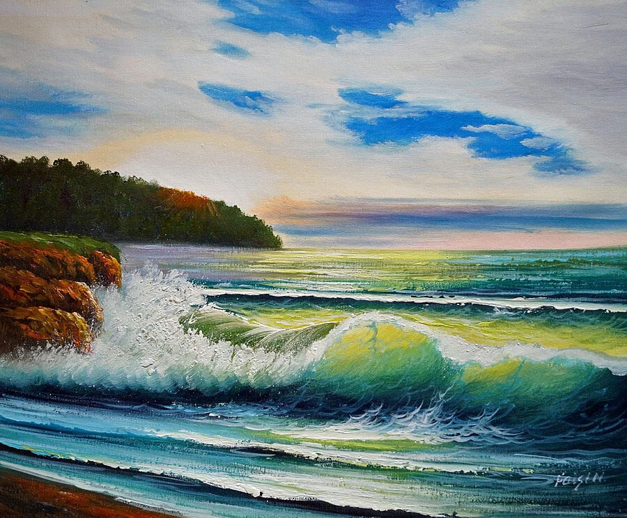 Ölbild Meeresstrand, Wellen, Küstenlandschaft, ÖLGEMÄLDE HANDGEMALT F:50x60cm - Bild 2 von 4
