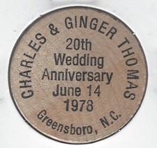1978, CHARLES & GINGER THOMAS 20th, Greensboro, North Carolina, Wooden Nickel