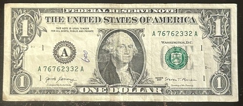 (REPEATER WITH RADAR!) $1 Hybrid Fancy Serial Number A76762332A Series 2017 - Picture 2 of 3