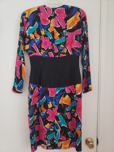 AJ BARI Silk Dress VTG 80s Art To Wear Cocktail Abstract Floral Surplice - Picture 9 of 16