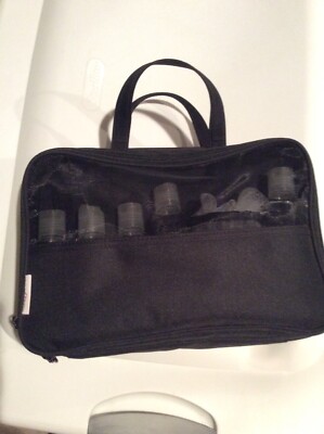 Studio Beauty Toiletry Bag. Black. 5 Bottles And Loofah Shower Puff. Included.
