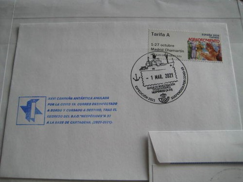 2021 Spain Cover w/ Tarifa A Stamp & Antartica Expedn. Canceled due to pandemic - Picture 3 of 3