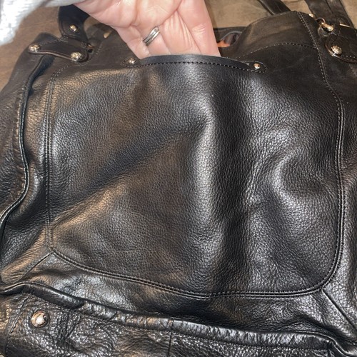 B Makowsky Black Leather Double Handle Slouchy Hobo Bag Leopard Print Lining - Picture 3 of 6