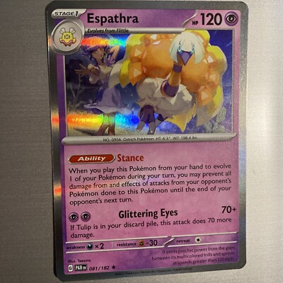 espathra pokemon card price ex 214/091 you may prevent all damage from and effects of attacks done to this Pokmon during your opponents next turn Pokemon Paradox Rift Espathra Rare