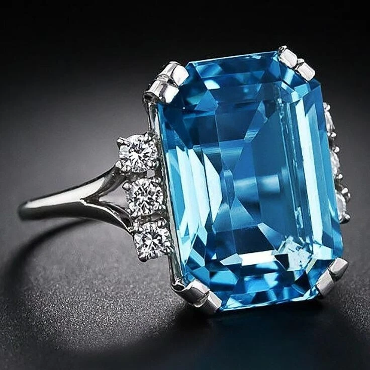 Aquamarine Ring | March Birthstone | 2 1/5 Carat Cushion Cut Aquamarine and  Diamond Ring In 14K White Gold`