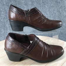 Easy Street Shoes Womens 9 Slip On Clog Brown Leather Block Heels Casual Comfort