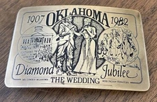 VTG The Leather Shoppe OK Oklahoma Diamond Jubilee 1907 - 1982 Brass Belt Buckle