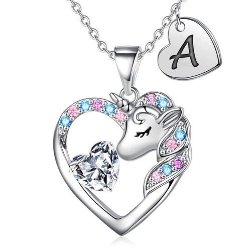 Unicorn Necklace Gifts for Girls Kids - Colorful CZ Heart Initial Necklaces U...