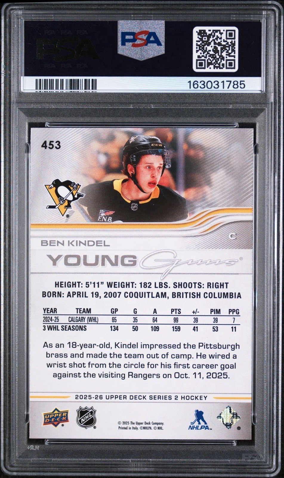 2025-26 Upper Deck Series 2 - Young Guns Ben Kindel #453 (RC) Penguins PSA 9 view 2