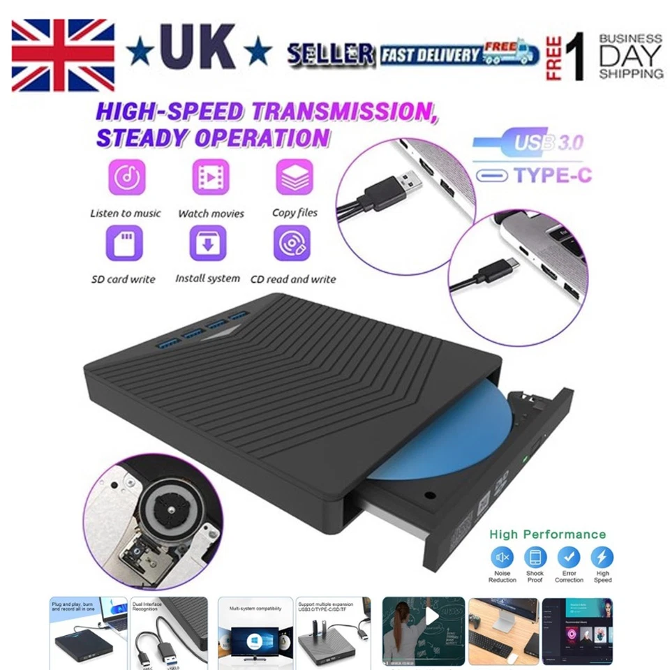 7in 1 External USB 3.0 DVD CD RW Writer Drive Burner Reader Player For Laptop PC - Image 2 of 4