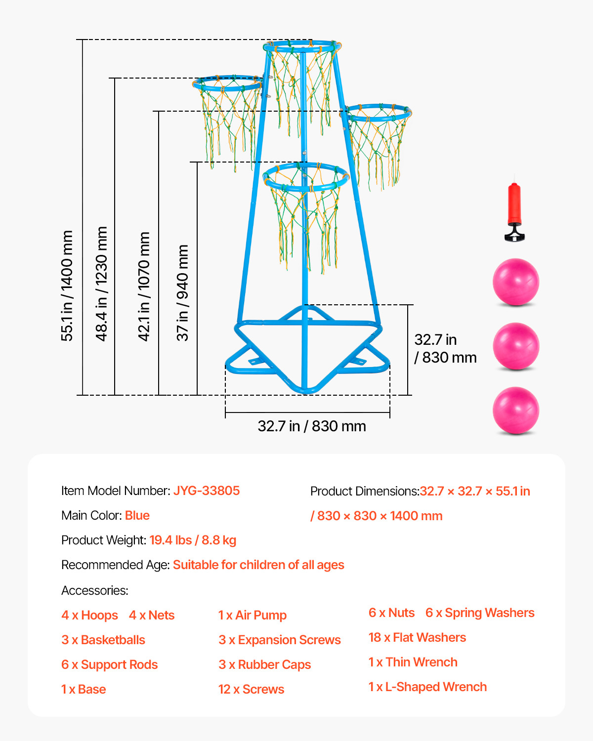 Kids Basketball Hoop 4-Hoop Portable Basketball Stand with Adjustable Heights