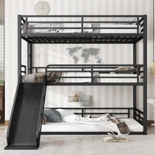 Full over Full over Full Bunk Bed w/Slide, Metal Triple Bed Frame w/Guardrails