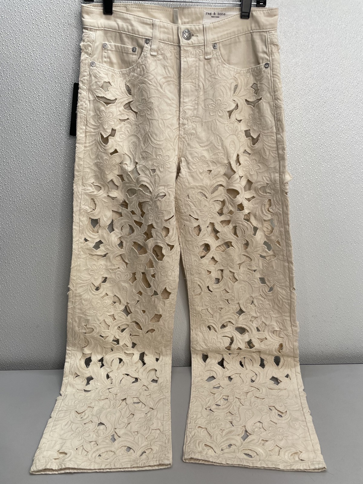 Rag & Bone Womens Jeans Off White Size 26 Logan Floral Cutout Mid Rise Wide Leg