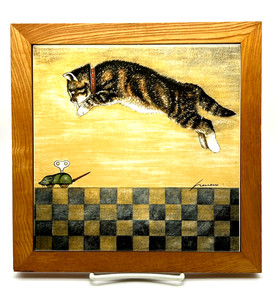 1982 Lowell Herrero Cat Tile Trivet in Wood Frame ~ Wall Art ~ Vandor Japan