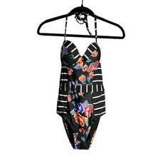 ModCloth Black and White Striped and Floral Print One Piece Bathing Suit Size XS