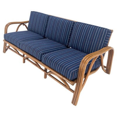 970s Striped Blue Upholstery Bamboo Frame Mid Century Modern Sofa MINT!