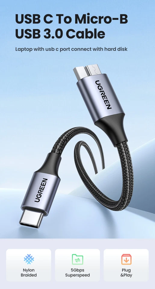 Ugreen USB C to Micro B Hard Drive Cable USB 3.0 5Gbps 3A HDD SSD. 0.5m 1m 2m 3m - Image 2 of 4